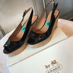 Coach Black Ferry Latent Leather Cork Wedge Sandal